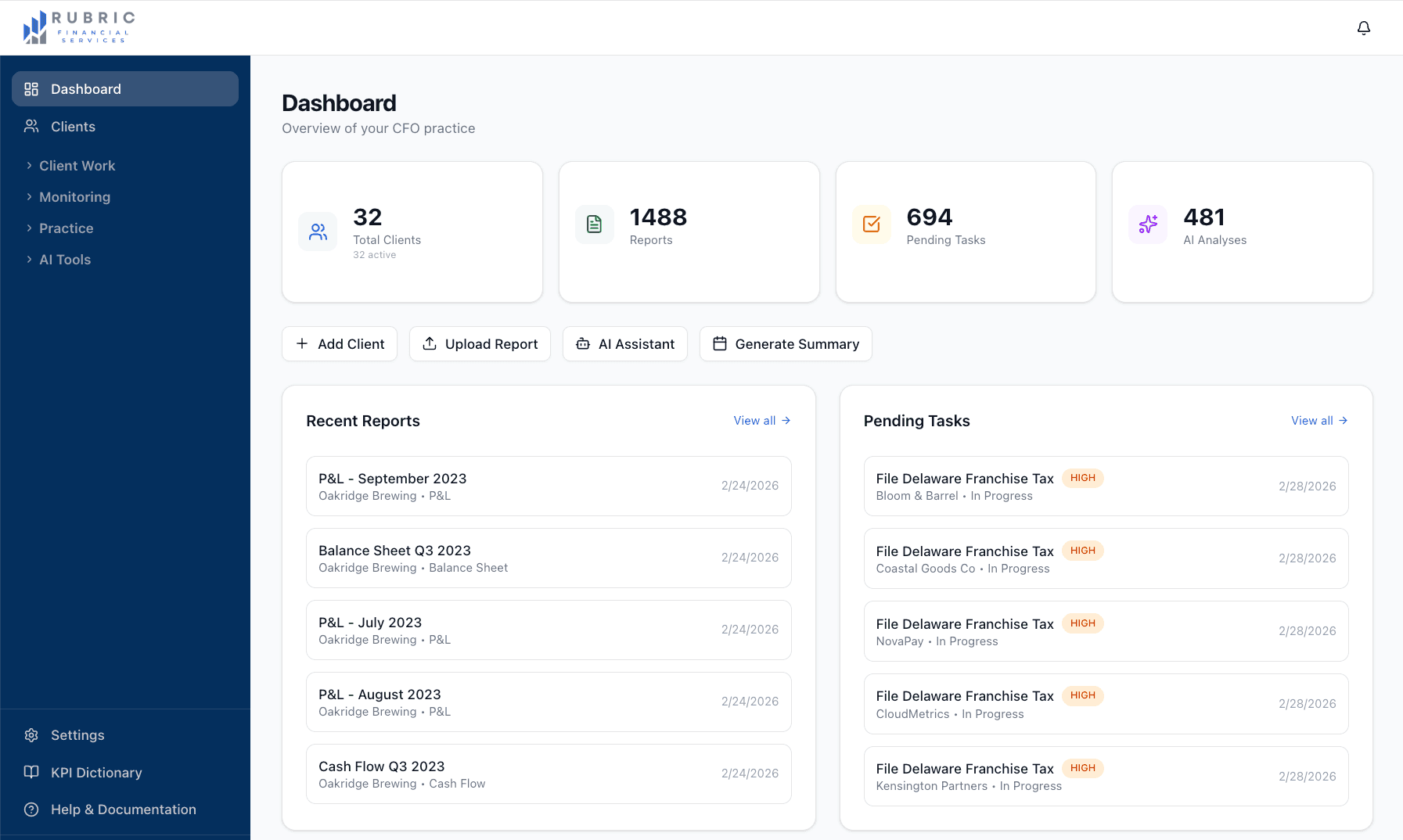 ClariFi admin dashboard — CFO practice overview